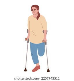 Young woman without leg on crutches. Disabled person without leg. Limb amputation. Flat vector illustration.