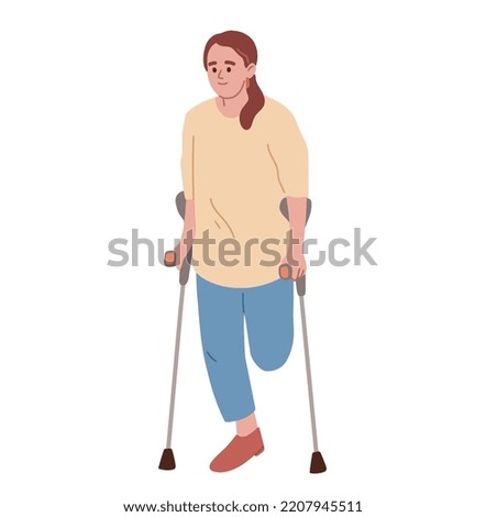 Young woman without leg on crutches. Disabled person without leg. Limb amputation. Flat vector illustration. 商業照片 © 