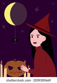 A young woman in a wizard's hat holds a pumpkin with a face carved in it. Preparing for the celebration of Halloween. The witch celebrates the day of the dead. Flat vector illustration