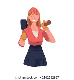 Young Woman Woodcutter or Lumberjack with Axe Showing Thumb Up Vector Illustration