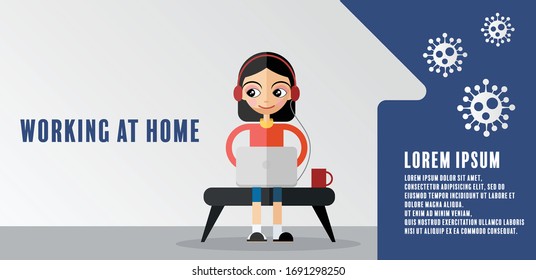 Young woman work at home concept design. Freelance woman working on laptop at her house in flat style.