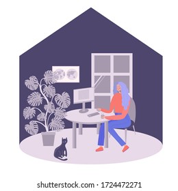 Young woman work from home. Vector illustration freelancer girl with cat drinking coffee