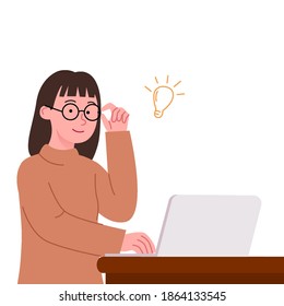 Young Woman Work With Laptop Freelance Writer Flat Illustration