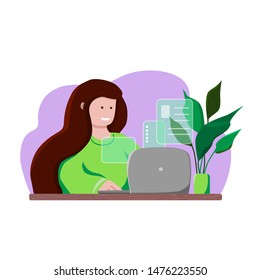 Young woman work with laptop on the table. Happy girl studying with notebook. Employee operate with documents on the computer. Cartoon vector illustration isolated on white.