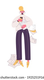 Young woman at work loosing papers because of insomnia. Lack of sleep, coffee and inefficiency concept illustration drawn with pink and yellow 