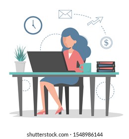 Young woman work on computer in the office vector isolated. Character sitting at the desk. Girl employee at the laptop.