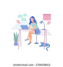 Young woman work on freelance at home interior at her desk. Girl with laptop working comfortably. Freelancer, remote job, self-employed concept. Flat cartoon vector illustration.