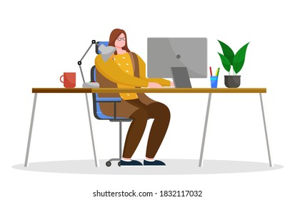 Young woman work on laptop at office room. Lady sit on chair by table and type on keyboard of computer. Coffee cup, plant and lamp on desk, person workplace. Vector illustration of open space in flat