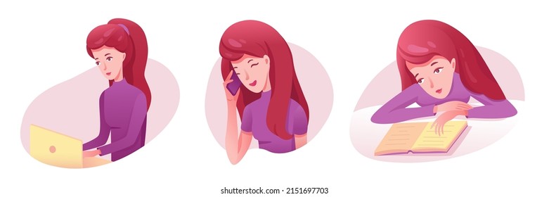 Young woman at work and study set vector illustration. Cartoon girl sitting with laptop at home, reading book, holding mobile phone to call or chat isolated on white. Lifestyle, activity concept