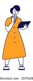 Young woman with work tablet. Thinking person. Girl in orange dress