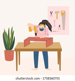 Young woman worker in the carpenter workroom. woodworking. Female hobby, activity, profession. Creativity at home concept. Hand drawn vector illustration.