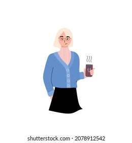 Young woman worker wearing glasses and sweater enjoying coffee in the morning. The concept of working happily and freely. Flat vector illustration
