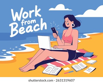 Young woman working from beach, using laptop and smartphone, surrounded by notebooks and stationery, enjoying sunny day by the ocean, illustrating remote work lifestyle