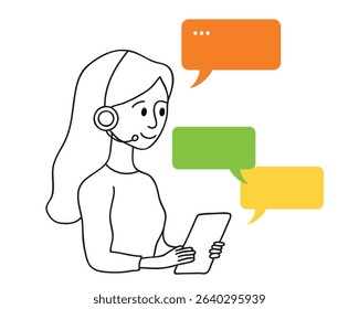 young woman working in call center with laptop, business woman with laptop communicating online with other people in business, communication concept, doodle vector illustration	