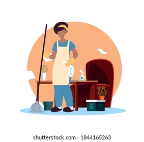 young woman working in cleaning service at home vector illustration desing