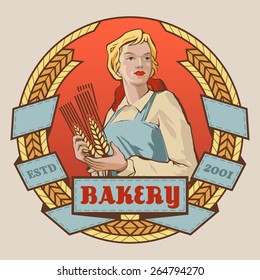 Young woman in working clothes holding grain spikelets vector round label design. Logotype and badge template for bakery product promotion and advertising isolated on white background