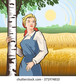 Young woman in working clothes standing near birch tree among field of ripe wheat vector illustration. National Slavic character and cultural symbol for product promotion and advertising
