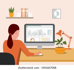 Young  woman working with a computer. Back view. Vector flat style cartoon illustration