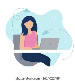 Young woman working with computer. Concept illustration working process, management, freelance, office, business or other. Flat vector illustration