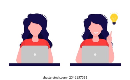 A young woman working at a computer and finding a creative idea. Vector illustration in flat style. Isolated on white background.