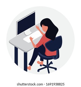 mujer joven que trabaja con la computadora y presenta o presenta algo. Trabajo en casa, espacio de trabajo, ilustración conceptual. mujeres freelancers trabajando en computadoras portátiles y computadoras.