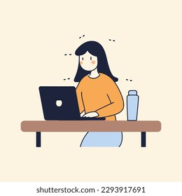 Joven trabajando en la computadora. Ilustración vectorial en estilo plano. estilo de dibujos animados de vector plano