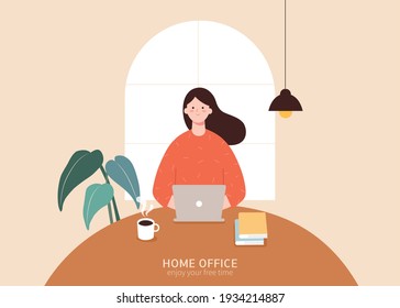 Young woman working at the desk, concept of working from home in flat design