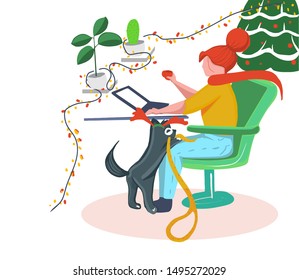 Young woman working during the holidays. Flat vector illustration.