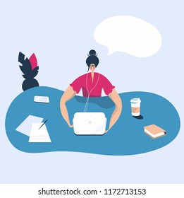 Young woman working at her desk with coffee and laptop and smartphone, vector illustration, flat design