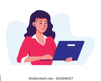 Young woman is working at her laptop. Online shopping, using social media, working or learning via internet concept. Simple flat vector illustration isolated on white background for web page, website