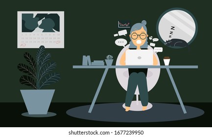 Young Woman working from home by laptop at home, sleepless night people, woman sleeping on working table, freelance work with laptop at night.