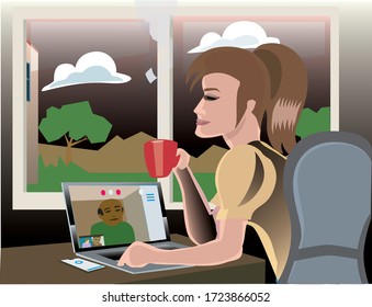 A young woman working from home in a conference call and having a coffee in front of her laptop computer. Vector Illustration