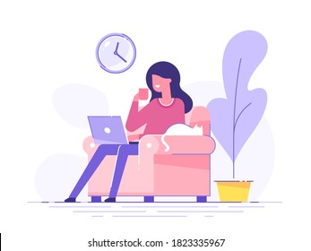 Young woman is working at home and drinking coffee. Cozy room interior. Freelance and distant working concept. Modern vector illustration.