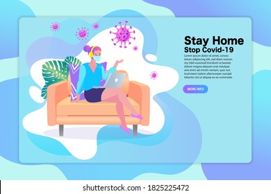 Young woman working from home during Covid-19. All stay at home. Self-isolate from a pandemic. Remote work from home during Quarantine. Vector flat illustration. EPS10