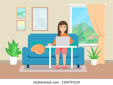 Young woman working at home. Flat style