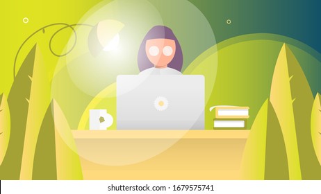 Young woman working from home in a healthy and relaxing green home office. Work from home, telework or smart working concept. Vector Illustration Template 