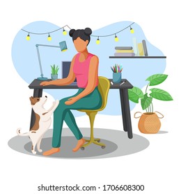 Young woman working at home with her cute dog. Freelancer working or studying at home. Vector illustration.
