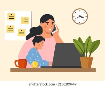 Young woman working at home with her cute baby.  Concept of studying at home, remote work, freelance. Modern parenthood. Flat vector illustration.