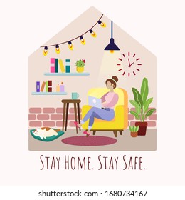 Young Woman working from home. Homeoffice. Stay home awareness social media campaign and coronavirus prevention. Self quarantine.Stop corona virus from spreading. Trendy flat cozy illustration