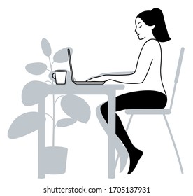 A young woman working at home with a laptop, a freelance concept, vector illustration in black, white and grey colors.