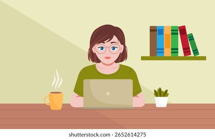 Young woman working at home with a laptop. Vector illustration in flat style.
