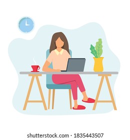 Young woman working at a home office on a computer. Girl typing on a laptop keyboard on a desk with a cup of coffee. Copy space for text or design. Flat vector illustration