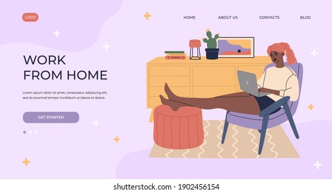 Young woman working at home office with laptop, sitting on comfortable chair. Female freelance worker on quarantine, ui ux. Online studying in workspace. Flat cartoon style illustration, violet colors