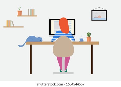 Young woman working at home on a personal computer in the room. A woman sitting on a chair and typing on the computer. Vector illustration with working home concept. Flat design style