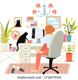 Young woman working at home on computer or study, detailed room interior with black cat sitting on table. Everyday routine job on internet or scrolling pages. Vector picture on white background.