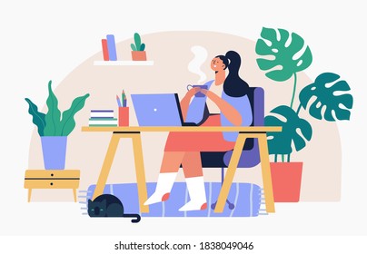 Young woman working at home on laptop. Virtual meeting. Stay home. Online conference. Flat style Vector illustration