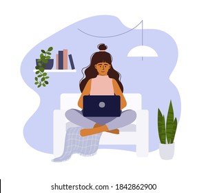 Young woman working at home. Student girl sitting on sofa, studying using laptop. Online education, e-learning. Distant work. Cozy workplace, home office in apartment. Networking vector illustration