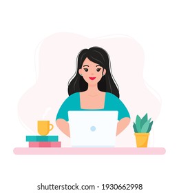 Young woman working from home, student or freelancer. Home office concept. Flat vector illustration.
