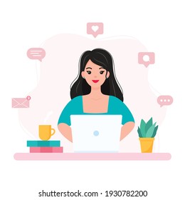 Young woman working from home, student or freelancer. Home office concept. Flat vector illustration.