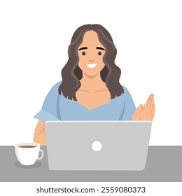 Young woman working from home, student or freelancer with coffee cup. Flat vector illustration isolated on white background